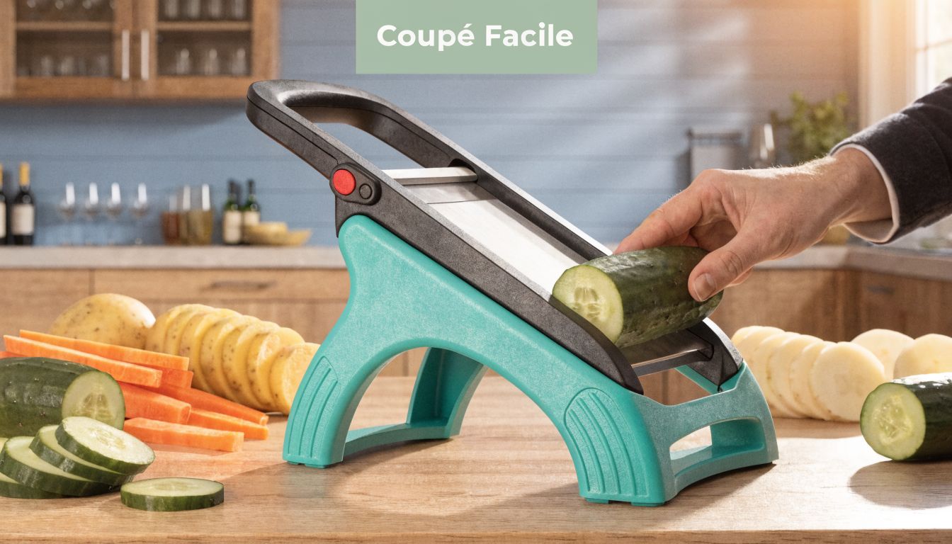 Une mandoline de cuisine multifonction de couleur turquoise coupant des concombres sur une table en bois.