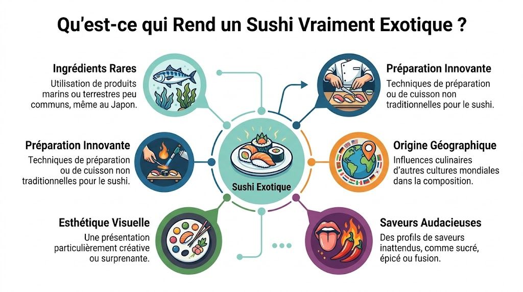 Une infographie montrant les facteurs qui rendent un sushi vraiment exotique comme les ingrédients et les saveurs.