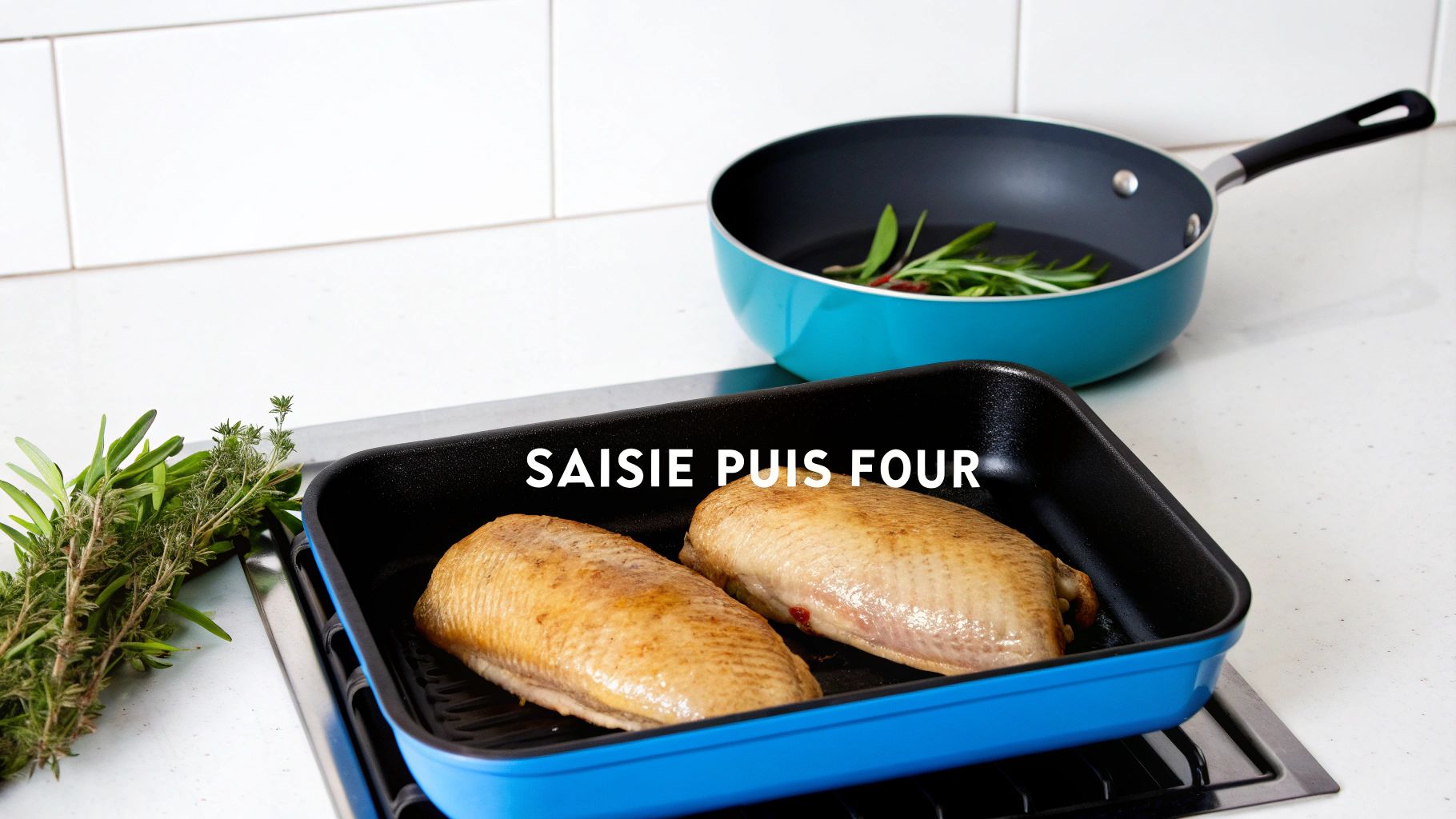 Deux magrets de canard dans un plat à rôtir bleu, avec des herbes fraîches, prêts à être cuits.
