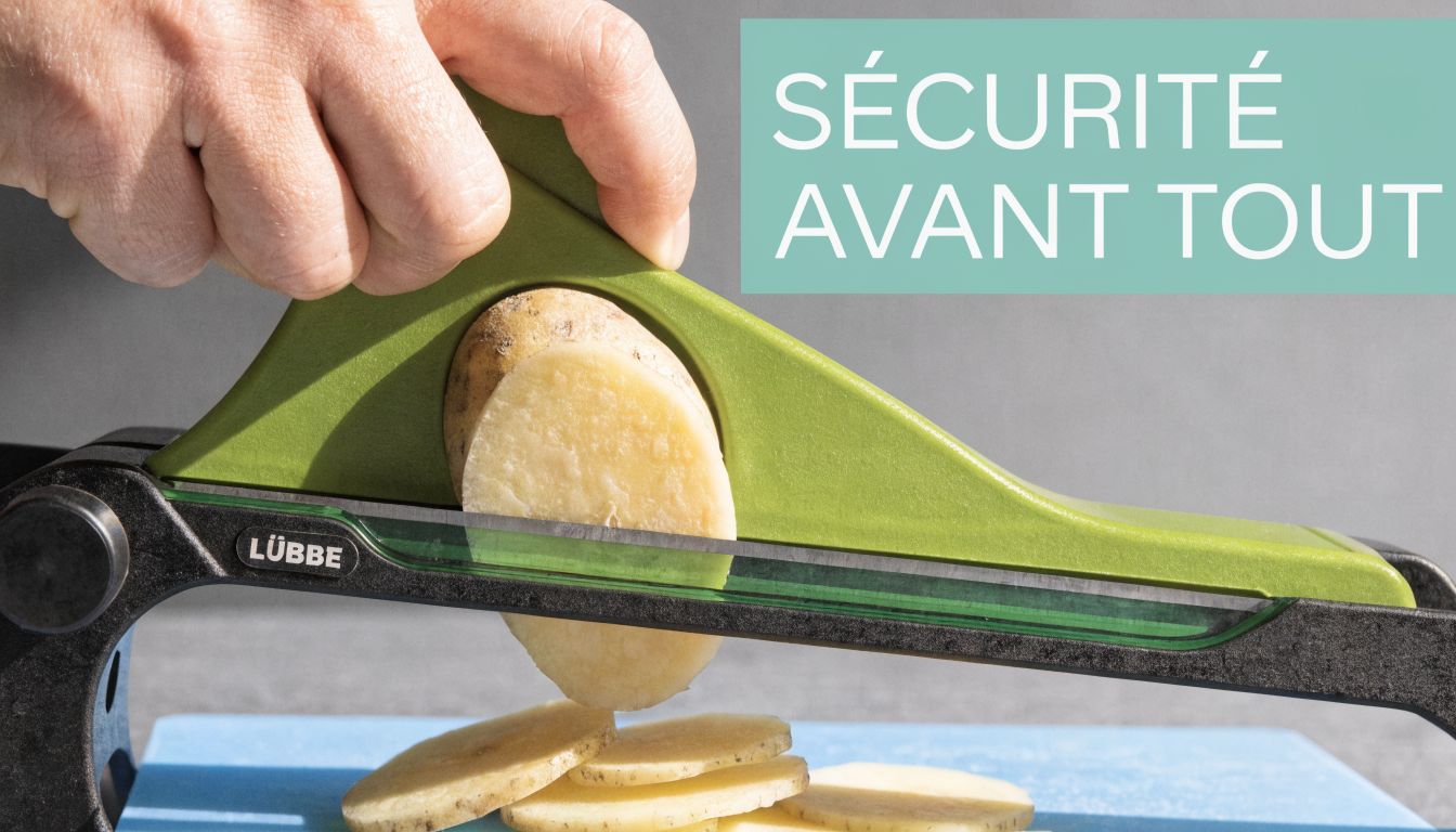 Une main utilise une mandoline de cuisine sécurisée pour trancher finement une pomme de terre sur une planche.