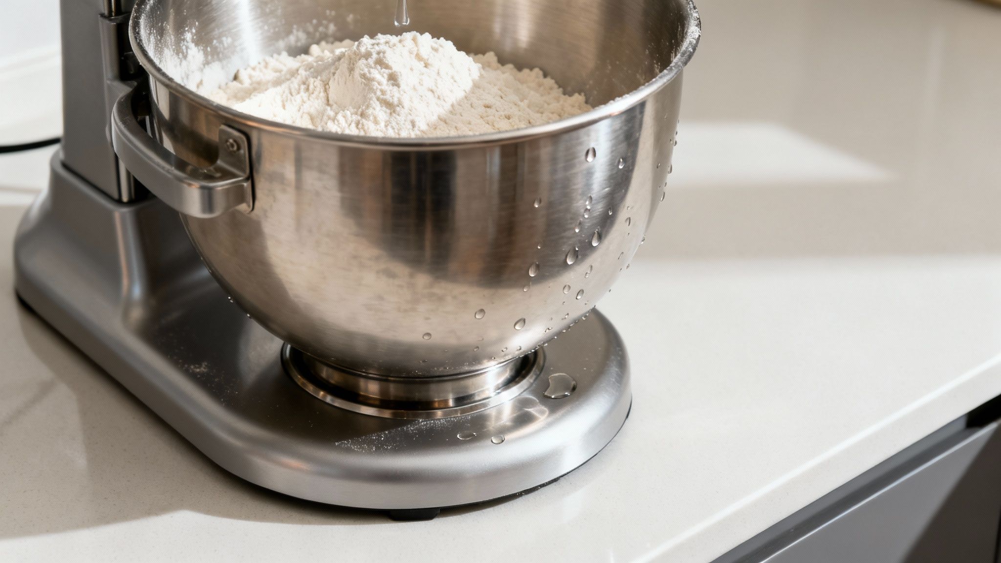 Robot pâtissier en acier inoxydable avec de la farine et des gouttes d'eau sur un comptoir de cuisine.