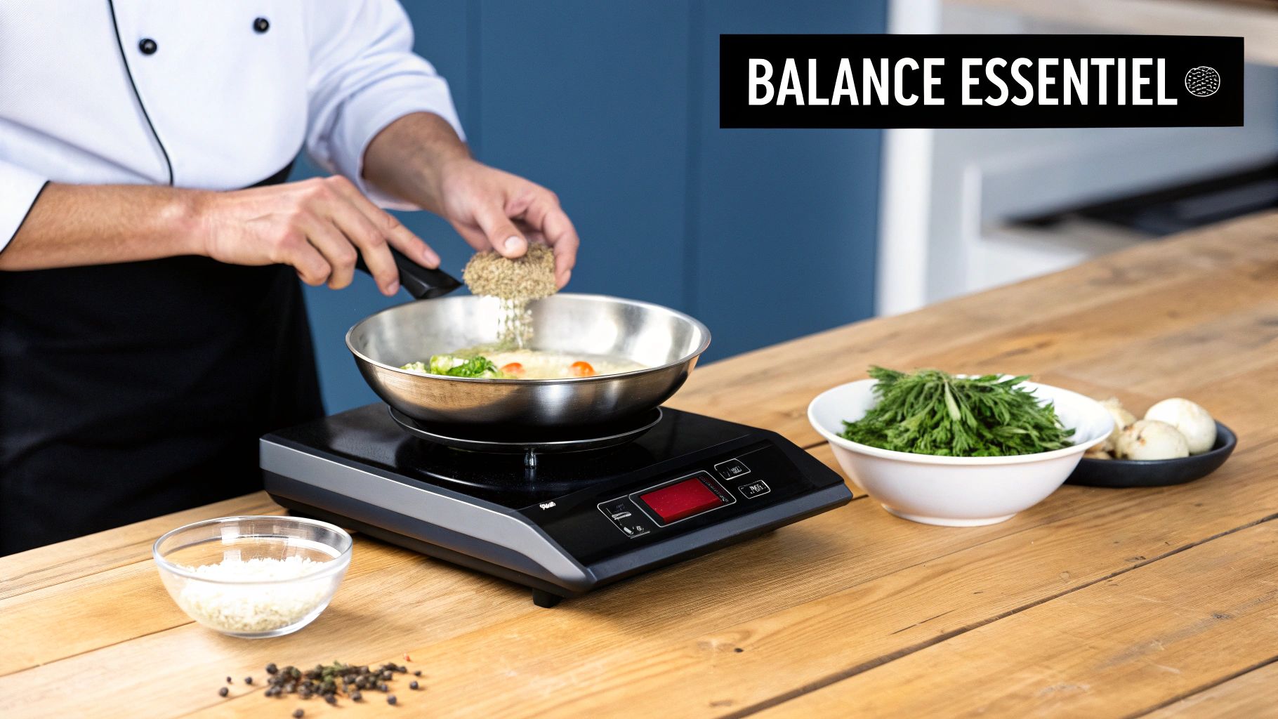 Un chef cuisine sur une plaque à induction, ajoutant des épices à une poêle de légumes.