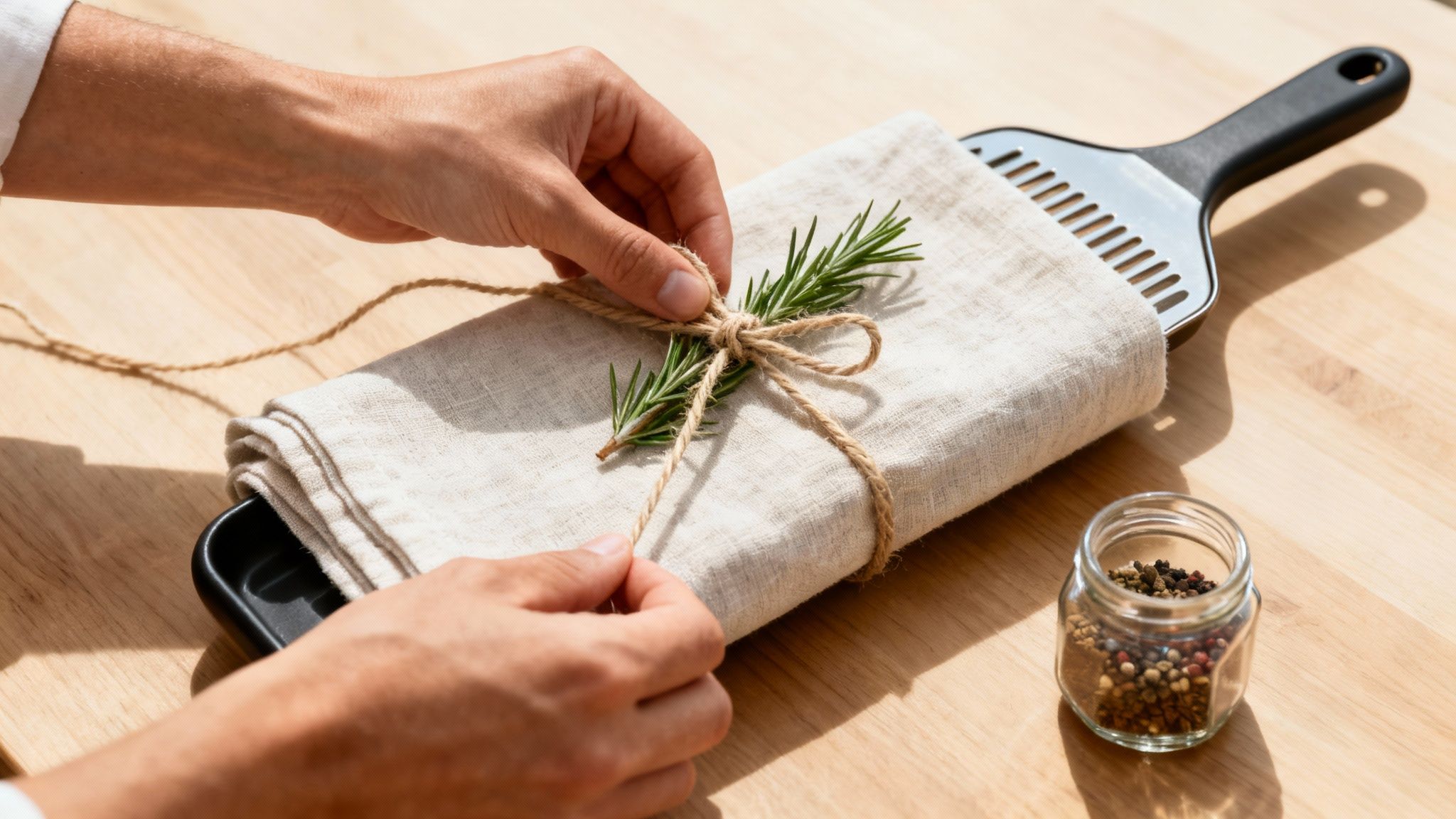 Mains nouant une ficelle avec du romarin sur un tissu en lin beige et une spatule sur une table en bois.
