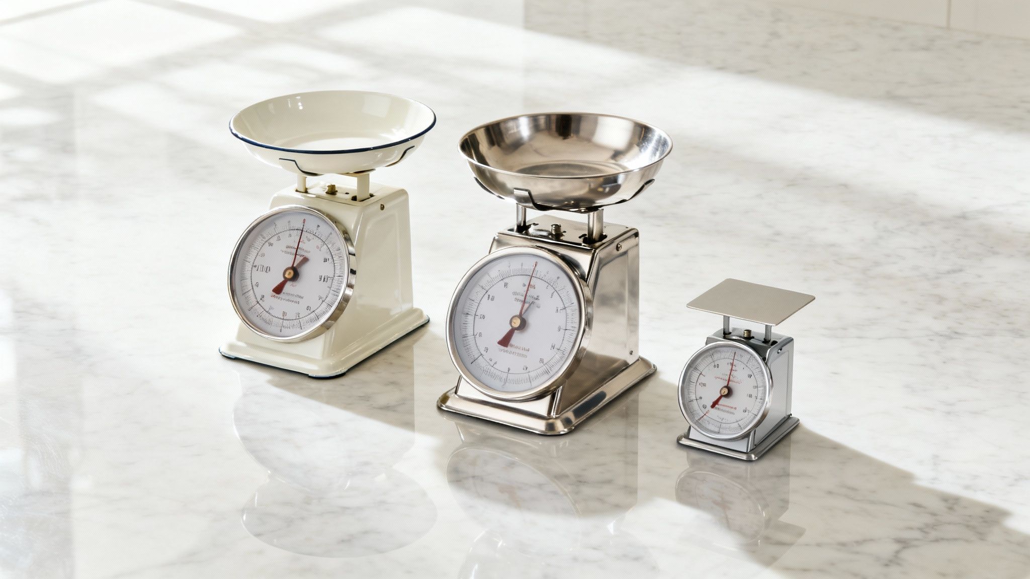 Trois balances de cuisine analogiques, de différentes tailles et matériaux, posées sur un comptoir en marbre blanc.