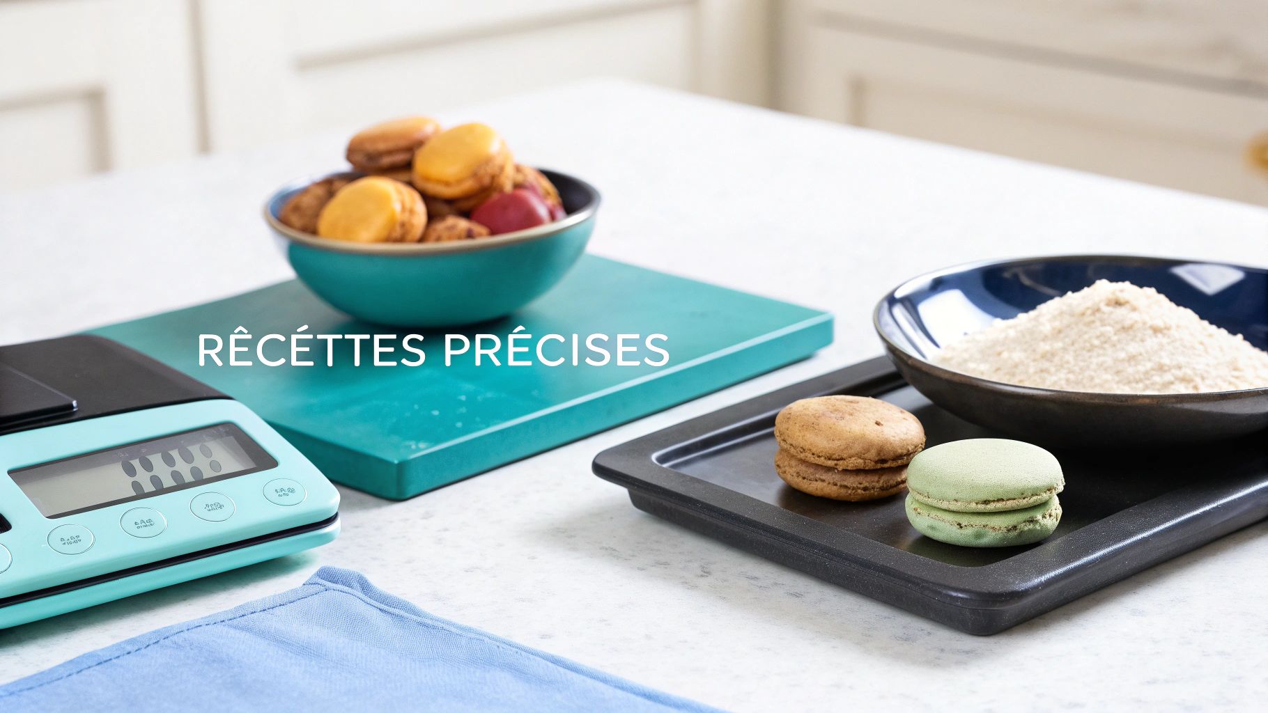 Balance de cuisine, macarons et farine, essentiels pour des recettes précises et réussies.