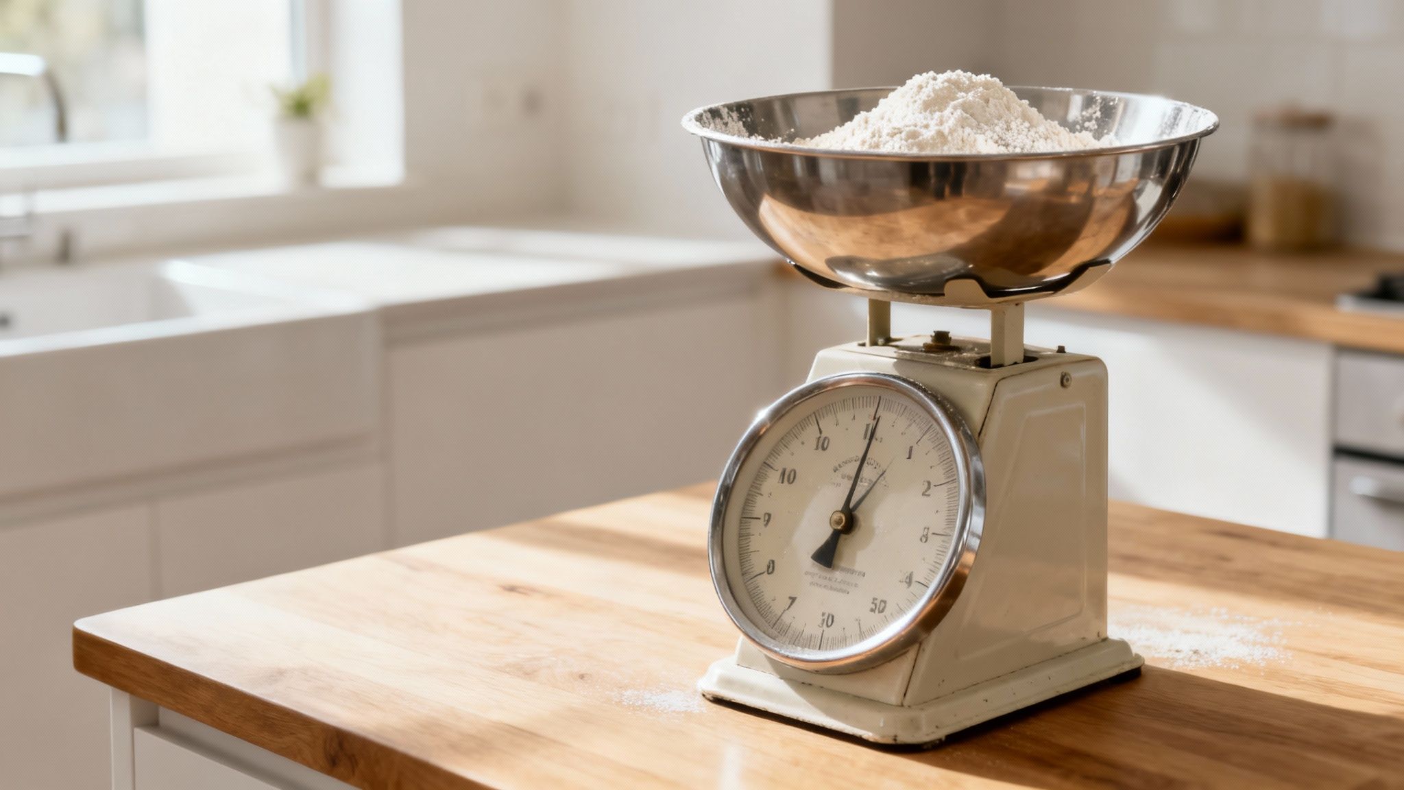 Une balance de cuisine vintage avec un bol rempli de farine sur un comptoir en bois, dans une cuisine lumineuse.
