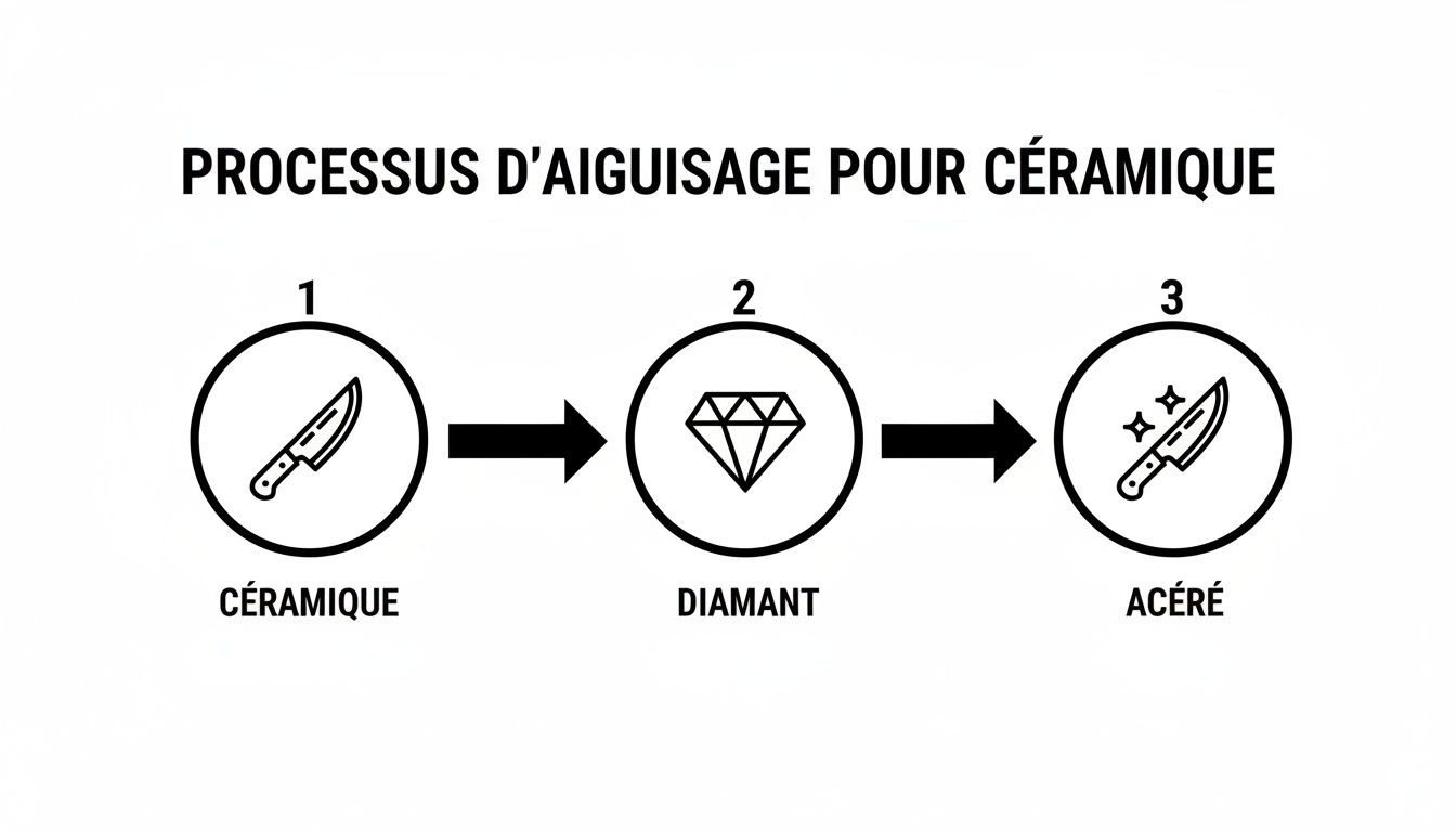 Processus d'aiguisage des couteaux en céramique: de la lame céramique à l'affûtage au diamant, pour un résultat acéré.
