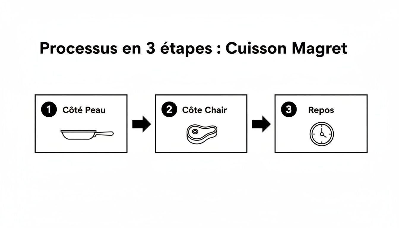 Diagramme illustrant les 3 étapes de cuisson du magret de canard : côté peau, côté chair, puis repos.
