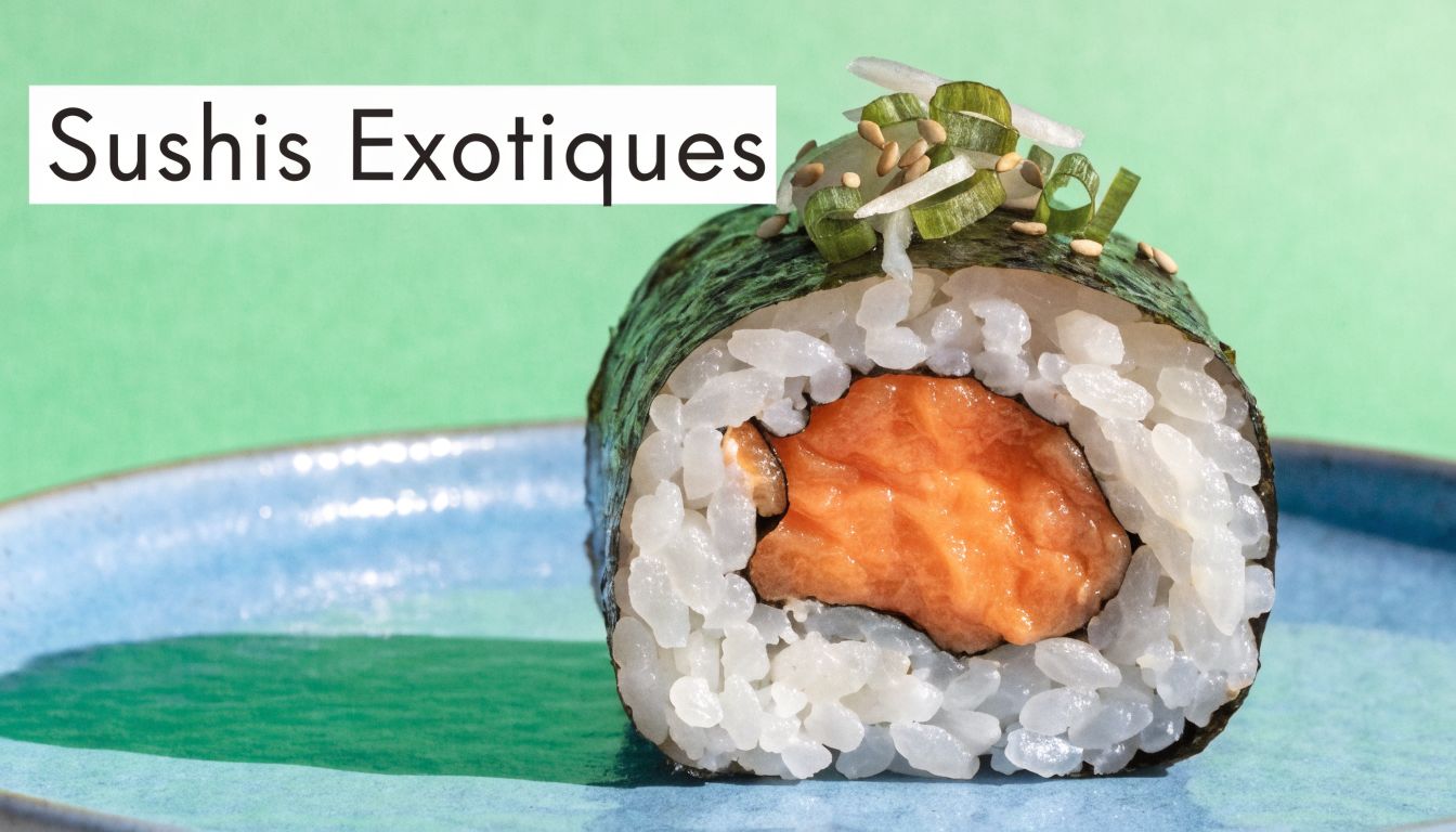 Un seul sushi au saumon délicatement garni d'oignons verts et de graines de sésame sur une assiette bleue.
