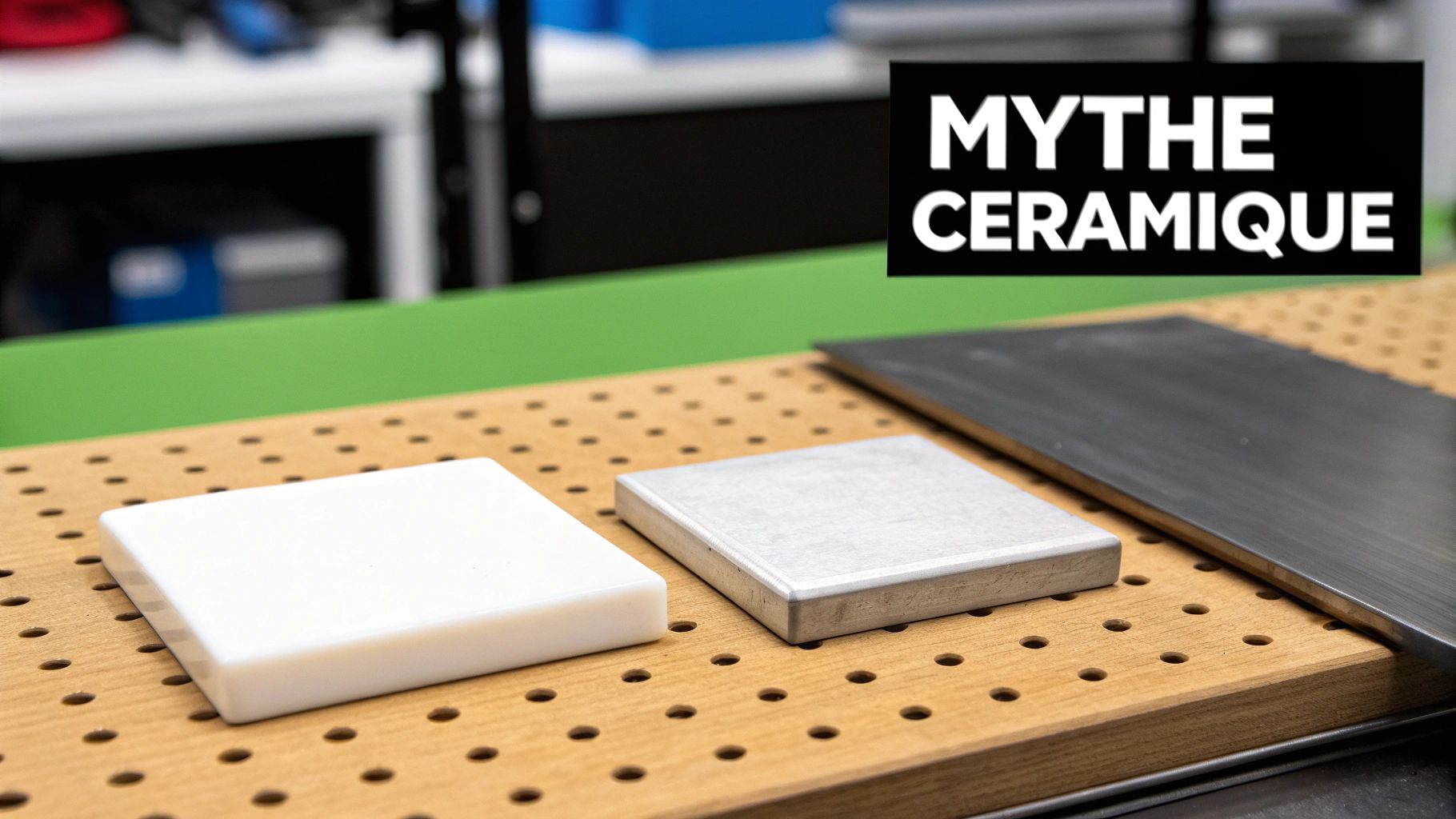 Trois matériaux (blanc, argent, gris foncé) sur une planche perforée, avec texte "MYTHE CERAMIQUE".