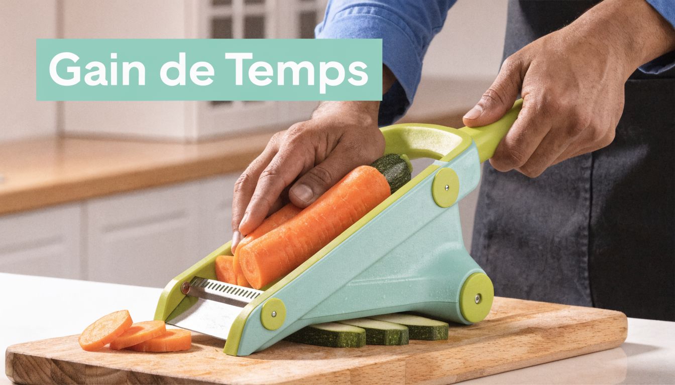 Une personne utilisant une mandoline de cuisine manuelle pour trancher facilement des carottes sur une planche.