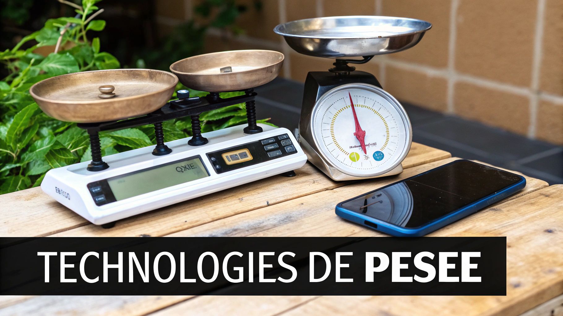Plusieurs balances de cuisine, numériques et analogiques, avec un smartphone, sur une table en bois.