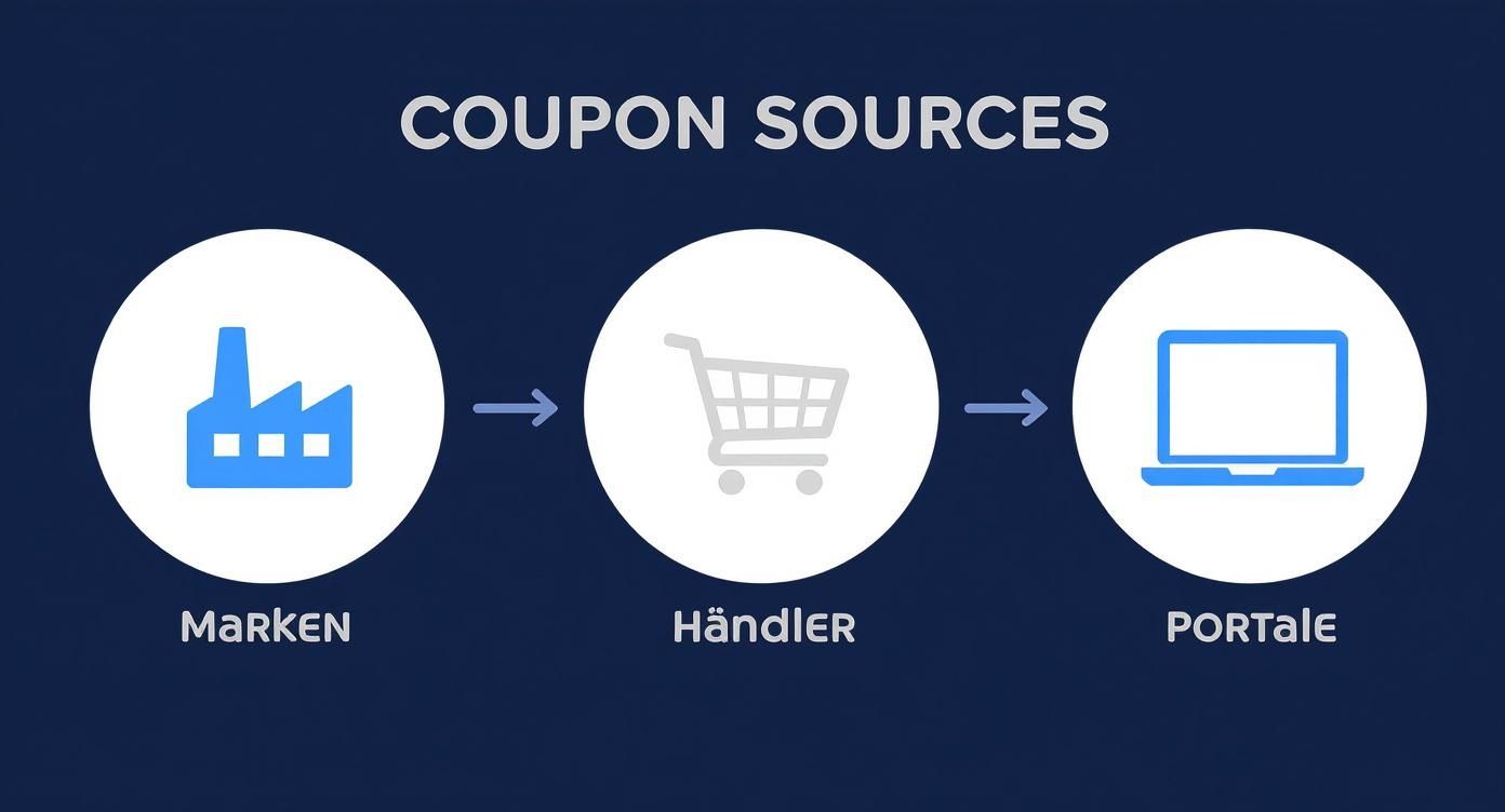 Diagramm der Couponquellen: Marken (Fabrik), Händler (Einkaufswagen) und Portale (Laptop) mit Pfeilen.