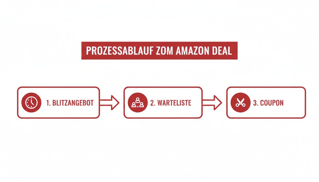 Grafik zeigt den Ablauf eines Amazon-Deals mit drei Schritten: Blitzangebot, Warteliste und Coupon.
