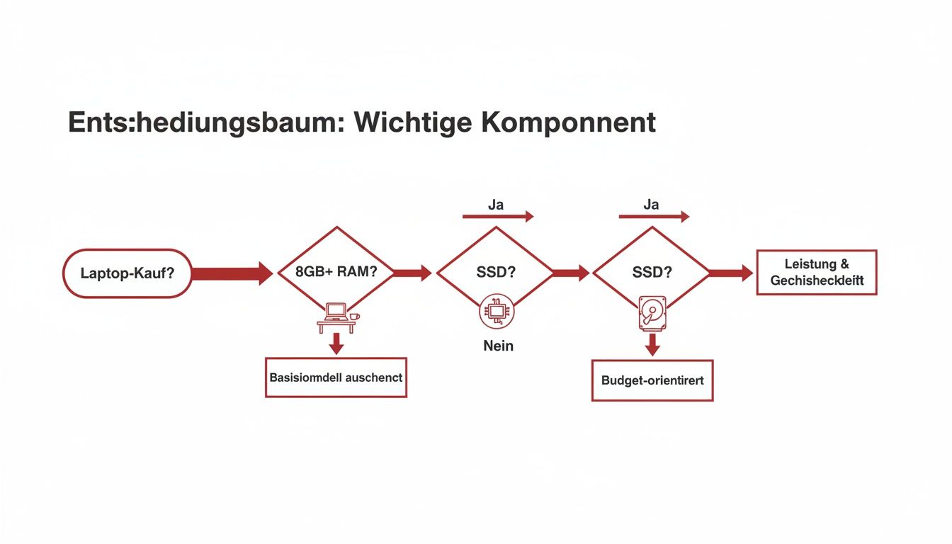 Entscheidungsbaum zum Laptop-Kauf, der wichtige Komponenten wie RAM und SSD für Leistung oder Budget beleuchtet.