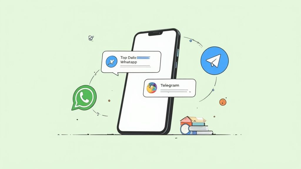 Ein Smartphone zeigt Benachrichtigungen von WhatsApp und Telegram, umgeben von App-Logos und Büchern.