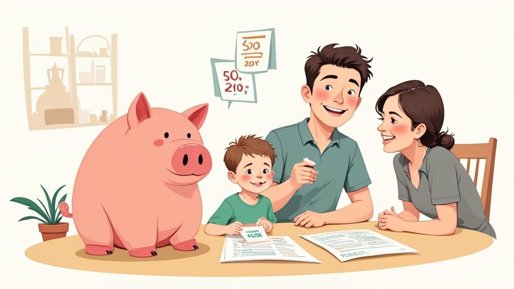 Familie mit Kind plant gemeinsam Finanzen und Sparziele am Tisch mit Sparschwein