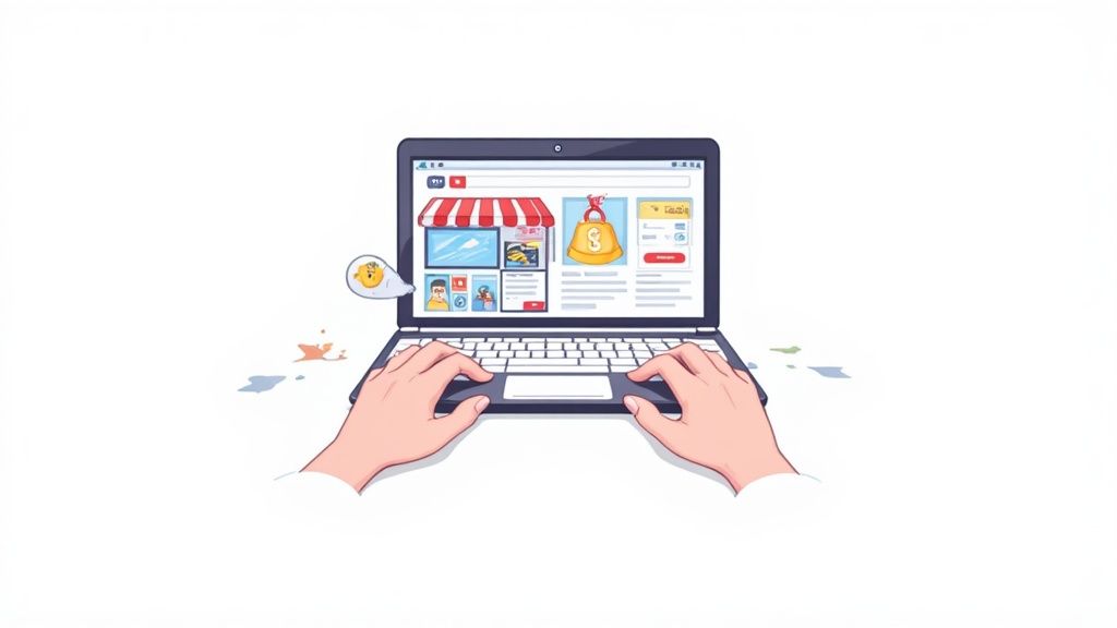 Eine Person durchsucht auf einem Laptop Online-Shops nach Brettspiel-Angeboten