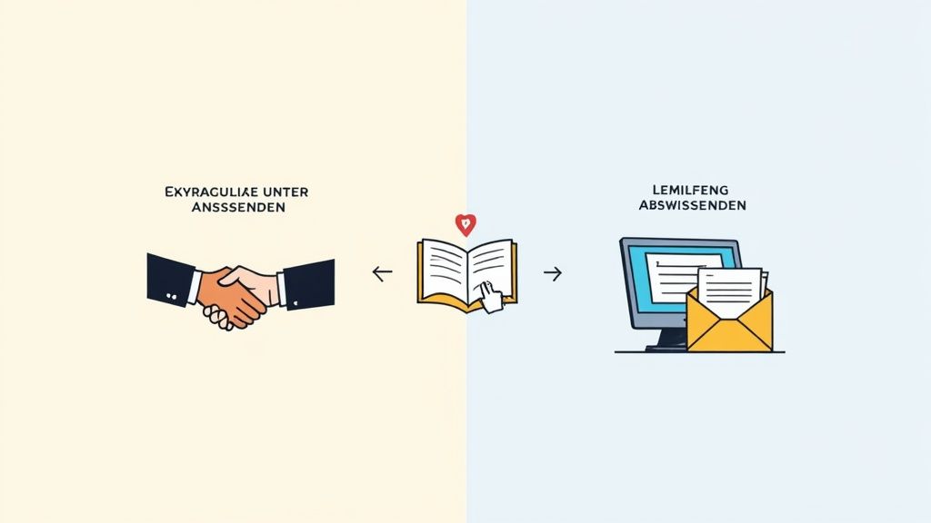 Eine Illustration, die Handschlag, ein Buch und E-Mail-Kommunikation für Angebote zeigt.