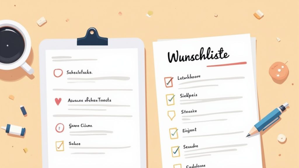 Zwei Notizblöcke mit Listen, eine Kaffeetasse und ein Stift auf einem Schreibtisch. Einer ist eine Wunschliste.
