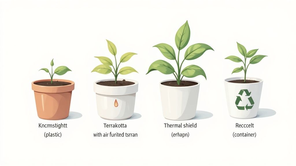 Verschiedene Blumentöpfe aus Materialien wie Keramik und Terrakotta auf einem Tisch