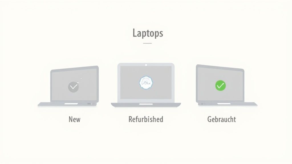 Drei Laptops, die die Optionen Neu, Refurbished und Gebraucht darstellen, um Zustände zu vergleichen.