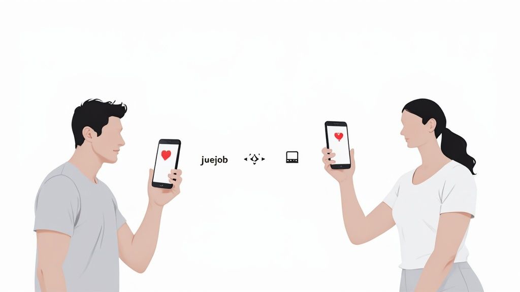 Mann und Frau halten Smartphones mit Herz-Symbolen. Kommunikation und Datenübertragung zwischen mobilen Geräten.