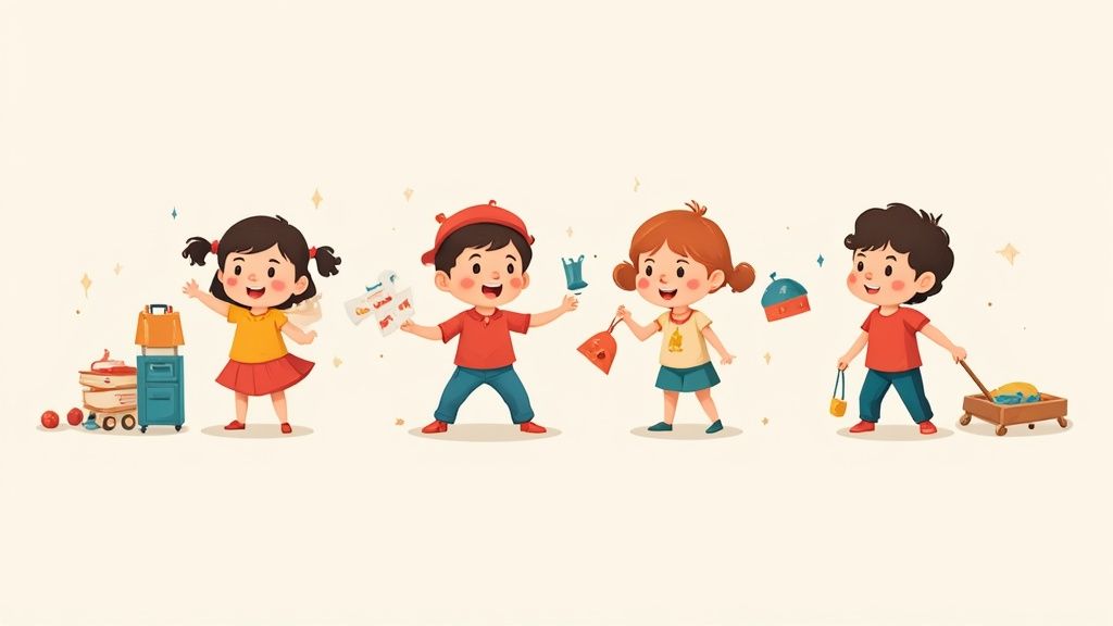 Vier fröhliche Kinder spielen mit verschiedenen Spielzeugen und Gegenständen in bunter Illustration