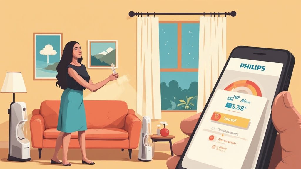 Eine Person, die den Philips Luftreiniger 600 in einem modernen Wohnzimmer aufstellt.