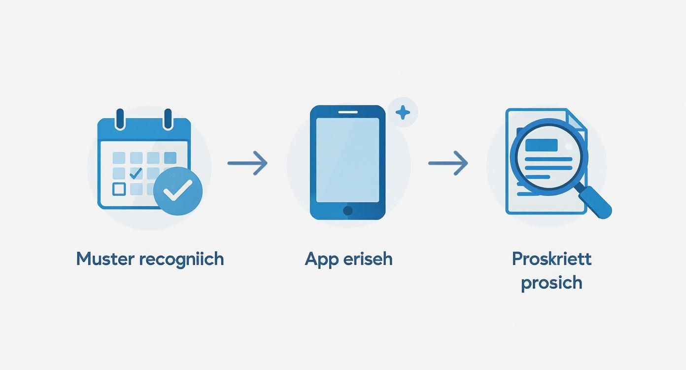 Digitale Prozessdarstellung: Terminplanung über Kalender, Nutzung einer mobilen App und anschließende Dokumentenprüfung mit Lupe.