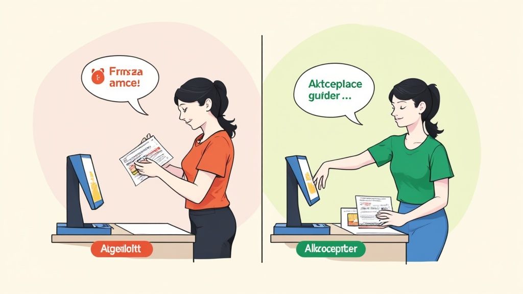 Zwei Frauen interagieren mit Selbstbedienungsterminals, eine verwirrt, die andere zuversichtlich.