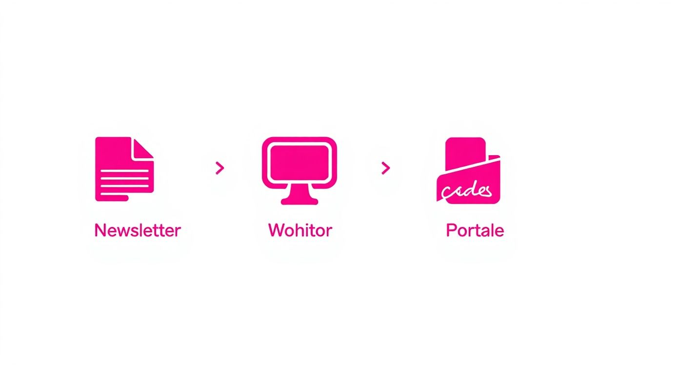 Prozessdarstellung zeigt Newsletter, Wohitor-Monitor und Portale-Symbol mit Pfeilen in Pink