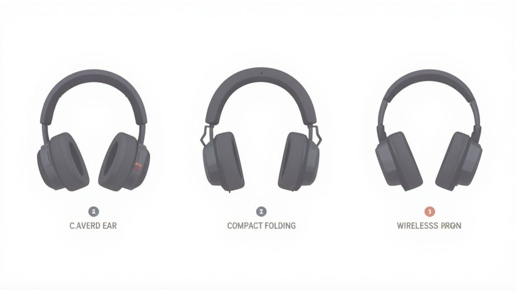 Drei graue Over-Ear-Kopfhörer zeigen verschiedene Funktionen wie kompaktes Falten und kabelloses Design.