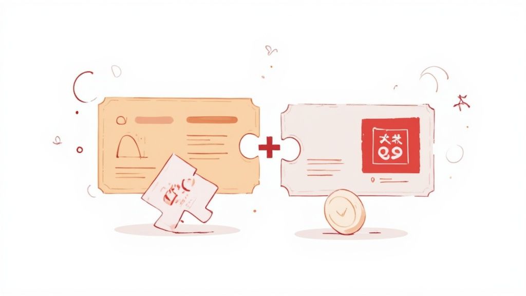 Zwei Puzzle-Karten verbinden sich mit einem Pluszeichen, eine mit Profil, die andere mit Logo.