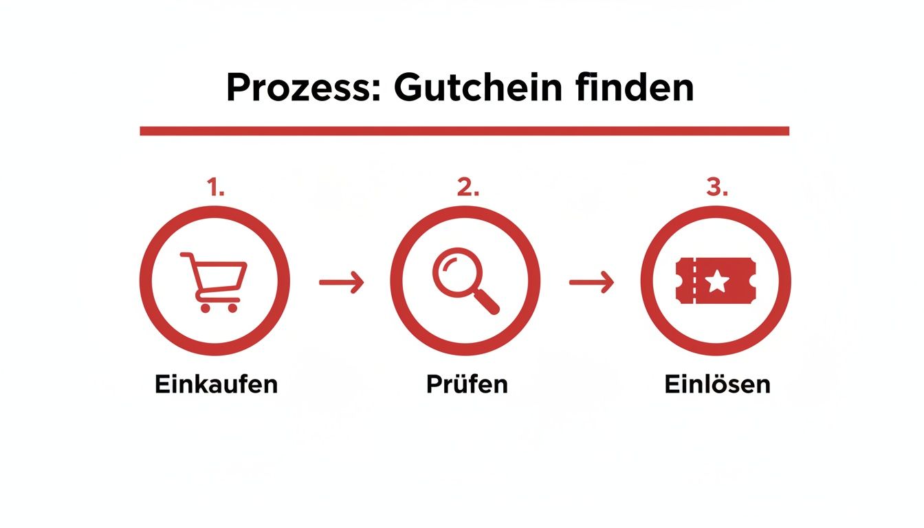 Ein Prozessdiagramm zeigt drei Schritte zum Finden und Einlösen eines Gutscheins: 1. Einkaufen, 2. Prüfen, 3. Einlösen.