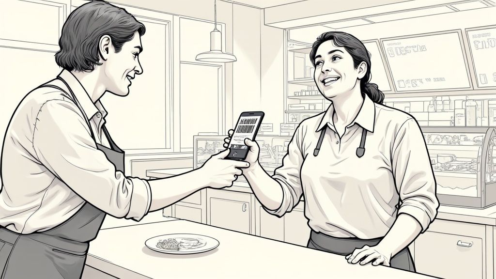 Eine Person zeigt dem Pizza Hut Personal einen Gutschein auf dem Smartphone