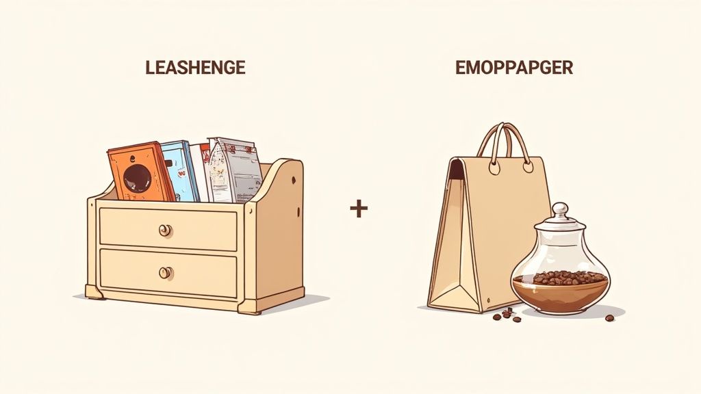 Ein hölzerner Schreibtisch-Organizer mit Büchern und Dokumenten plus einer Papiertüte und Kaffeebohnen.