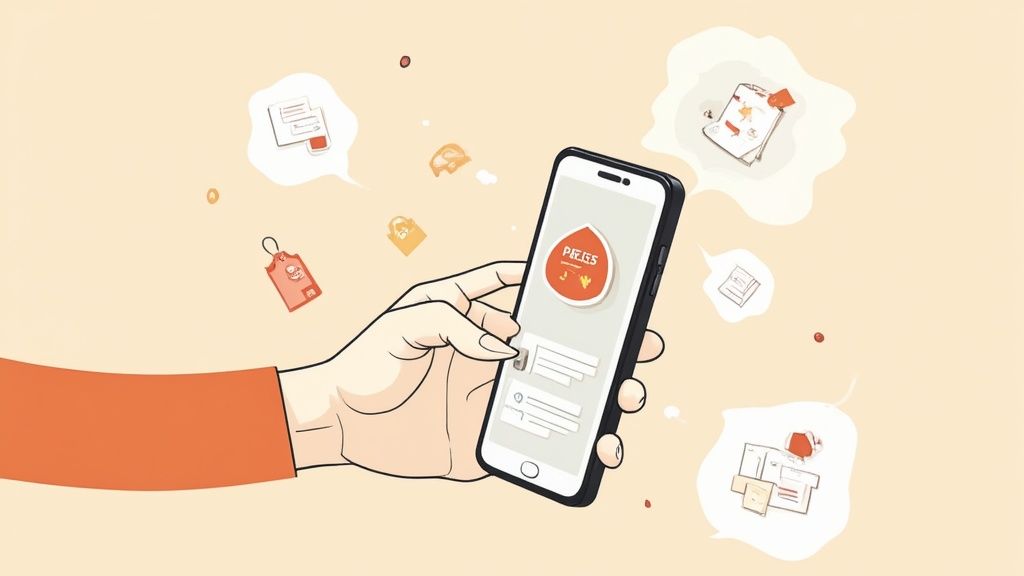 Eine Hand hält ein Smartphone mit einer Preisvergleichs-App, umgeben von Symbolen für Einkäufe und Angebote.