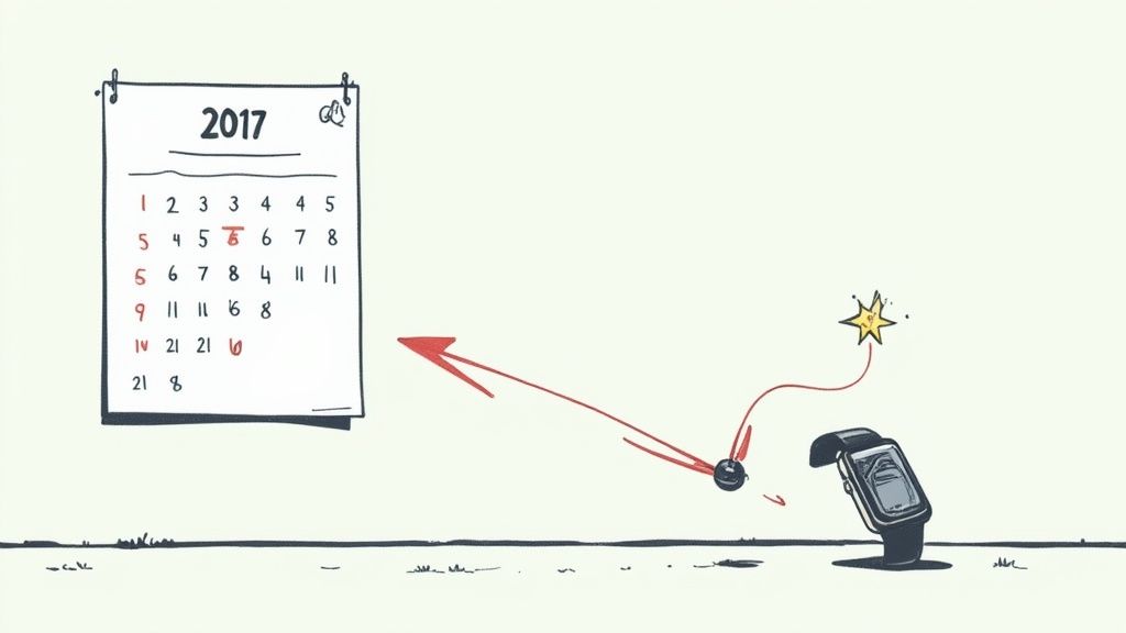 Eine Person, die auf eine Apple Watch an ihrem Handgelenk schaut, mit einem Kalender im Hintergrund.