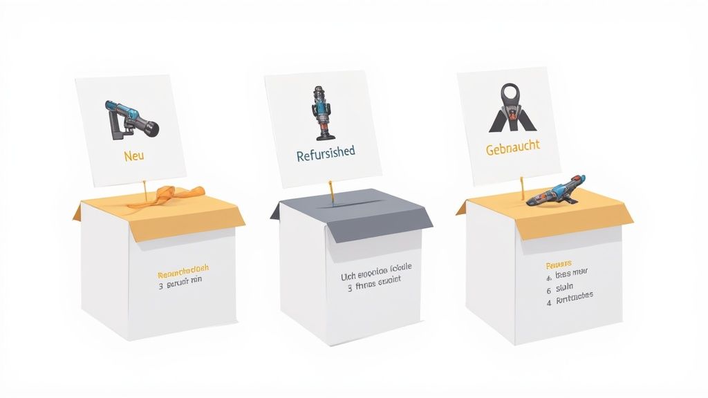 Drei Produktkategorien: Neu, Refurbished und Gebraucht, jeweils mit einem Produkt und Boxen dargestellt.