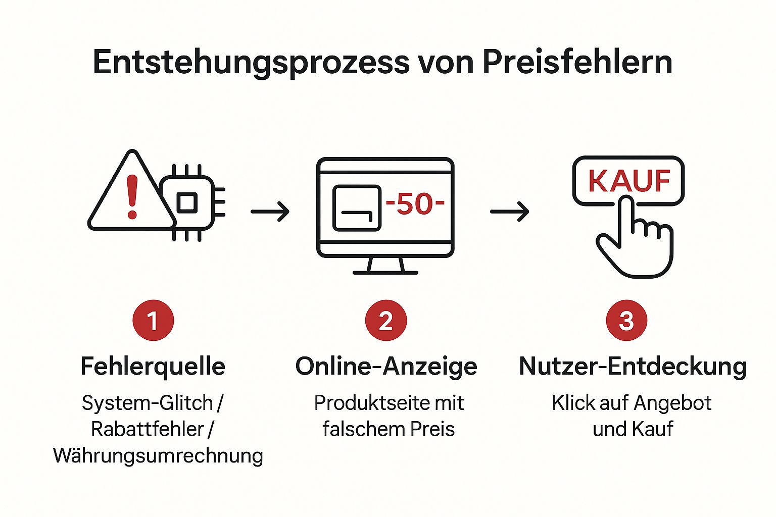 Infografik zur Entstehung von Preisfehlern, die den Prozess von der Fehlerquelle über die Online-Anzeige bis zur Entdeckung durch den Nutzer darstellt