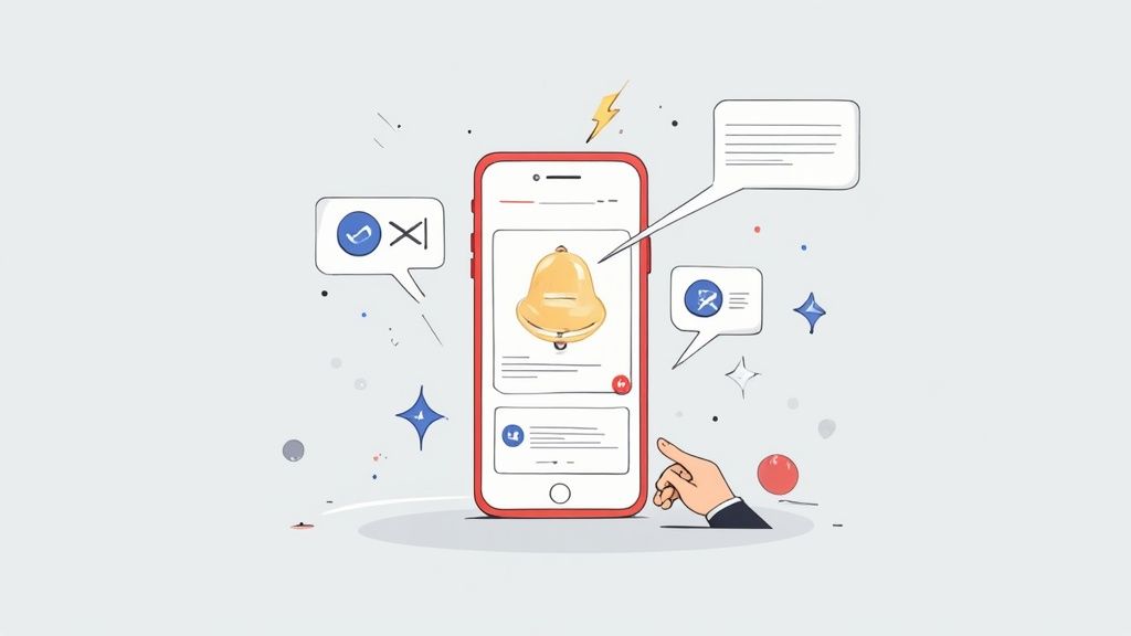 Smartphone mit Benachrichtigungsglocke und Sprechblasen zeigt Push-Benachrichtigungen und mobile Kommunikation
