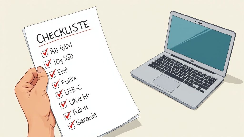 Hand hält eine Checkliste für einen Laptop, auf der Punkte wie 8GB RAM und SSD abgehakt sind. Ein Laptop liegt daneben.