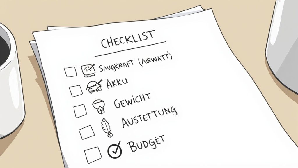 Eine handschriftliche Checkliste für den Staubsaugerkauf, auf der das Kriterium 'Budget' als erledigt markiert ist.