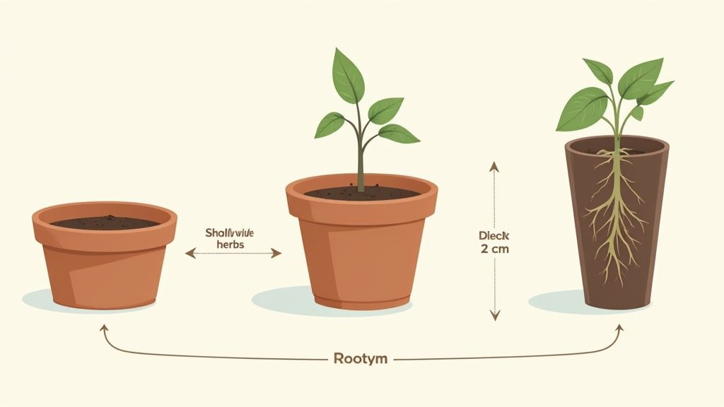 Nahaufnahme einer Person, die die Größe eines Blumentopfs mit einem Lineal misst