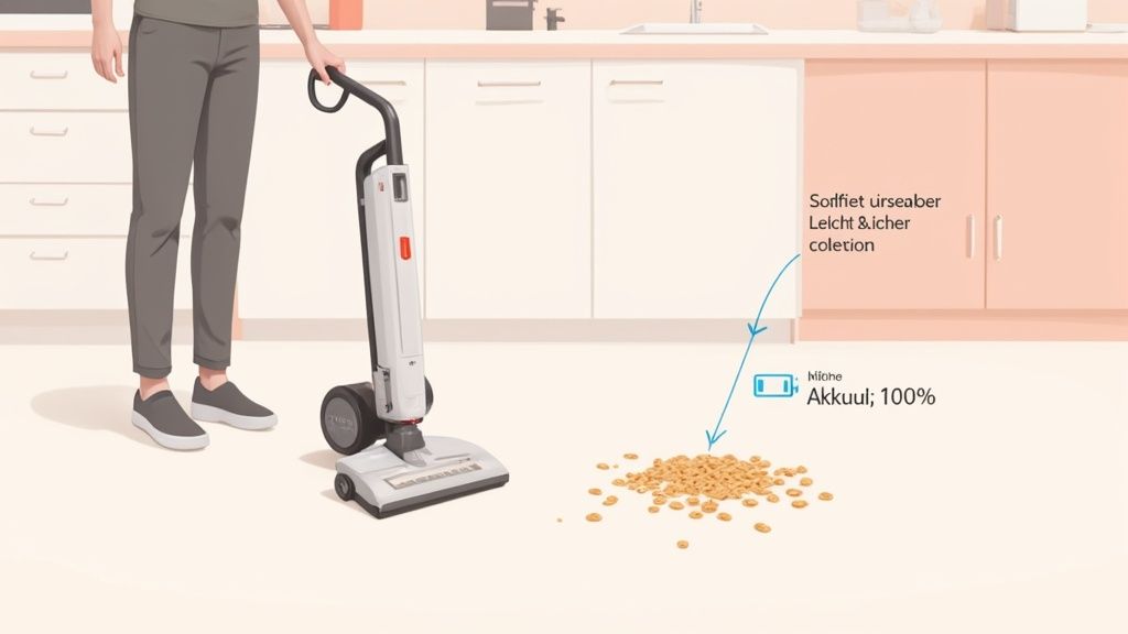 Eine Person benutzt einen kabellosen Staubsauger, um verschüttete Cornflakes auf einem hellen Boden in einer Küche aufzusaugen.