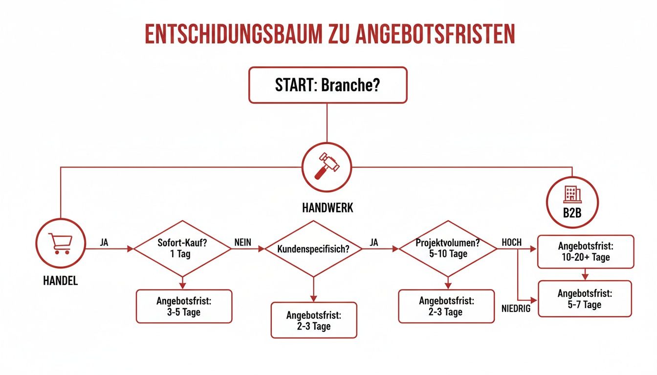 Entscheidungsbaum zu Angebotsfristen: Wie lange Angebote in Handel, Handwerk und B2B gültig sind.