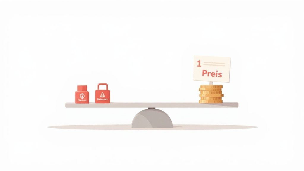 Eine Waage zeigt auf der linken Seite Zinsniveau und Inflation mit roten Symbolen, rechts den Preis mit Münzen, perfekt ausbalanciert.