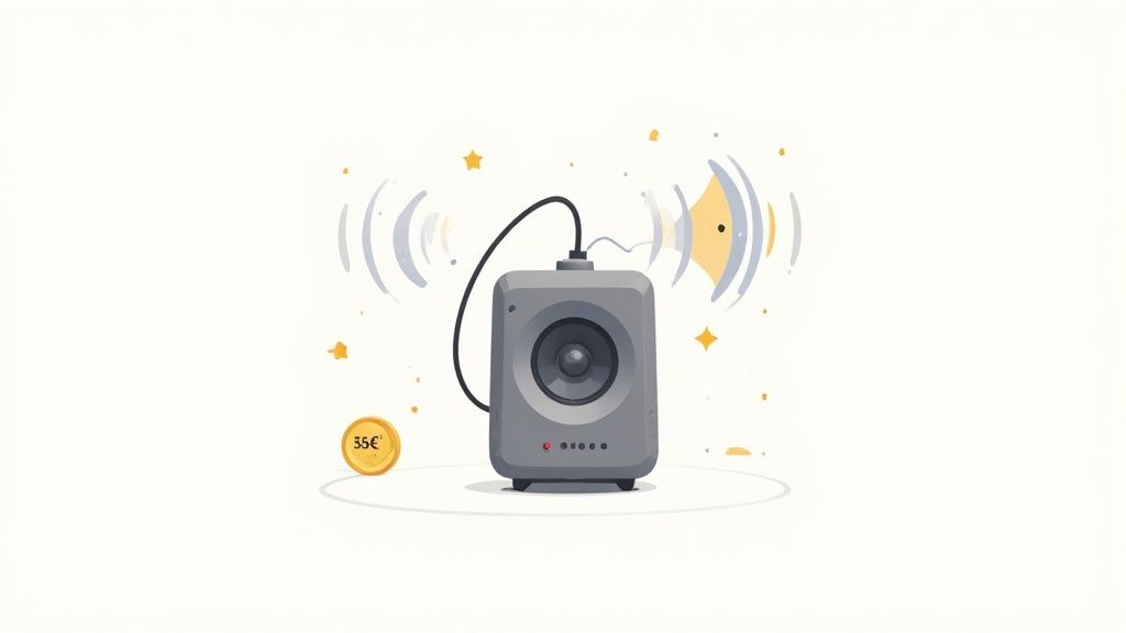 Ein Bluetooth-Lautsprecher strahlt Schallwellen aus, daneben liegt eine 35€ Münze.