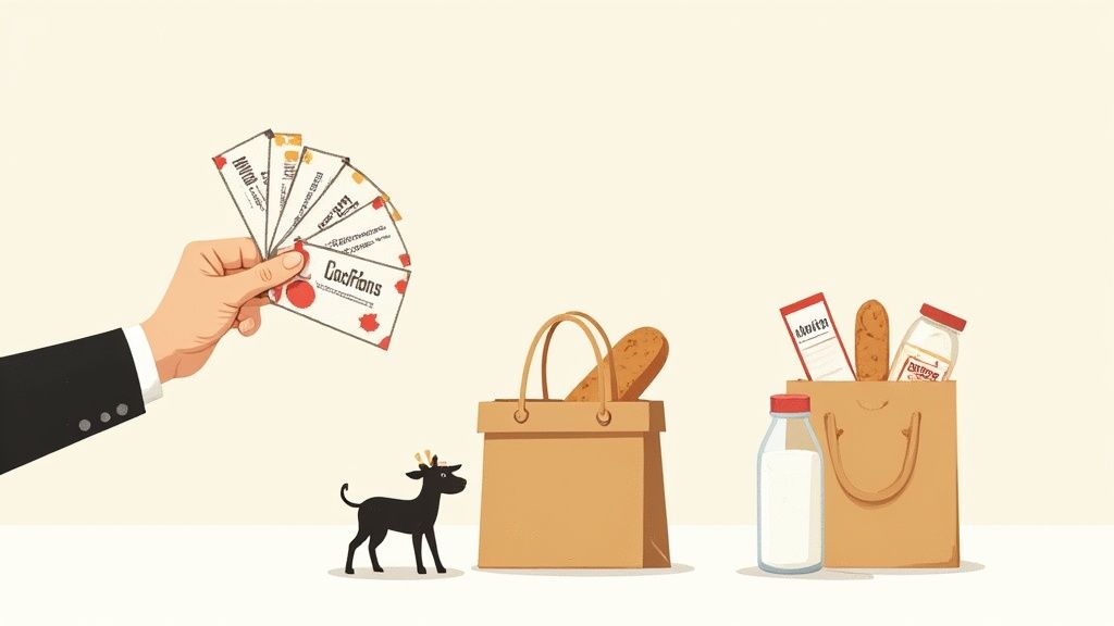 Eine Hand hält Fächer von Rabattgutscheinen, neben zwei Einkaufstaschen voller Lebensmittel und einem kleinen schwarzen Tier.